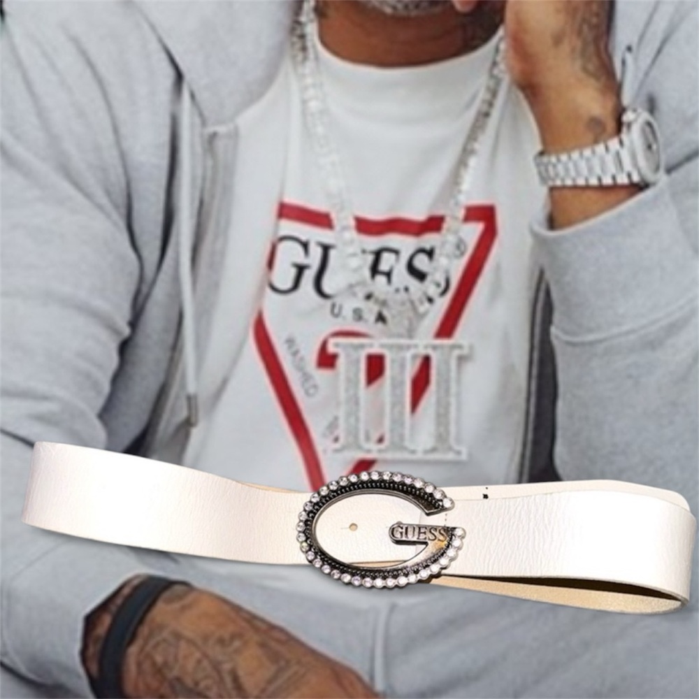 Guess White Leather and Silver Belt with Rhinestone Clad Buckle